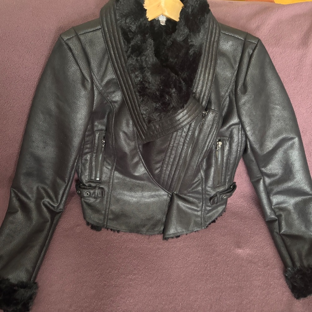 Jennifer Lopez black faux shearling suede moto jacket women's S